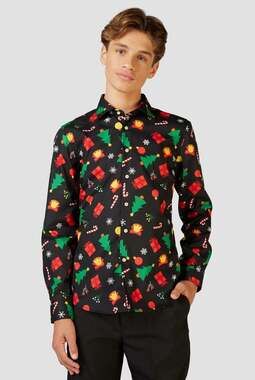 Opposuits Boys Spread Collar Long Sleeve Dress Shirt Christmas Icons Black 10Y